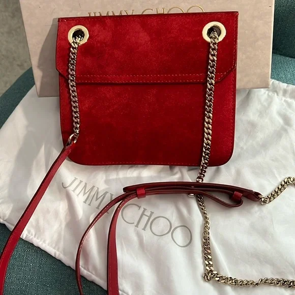 Jimmy Choo Red Suede Chain Shoulder Bag Crossbody with Box & Dust Bag EUC - Picture 2 of 13